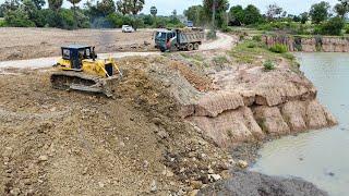 Large Scale Landfill Into Deeply Big Pond Use Technique Bulldozer Dump Truck Good Operator Working