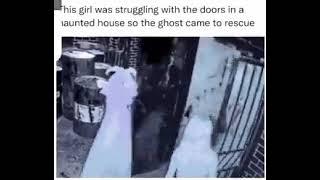 This Girl was struggling with the doors in a haunted house  The Ghost came to open it for her  Lol