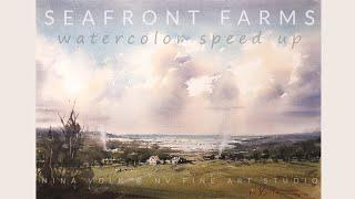 Watercolor Painting Aerial Landscape Seafront Farms