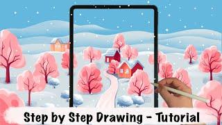 Cherry Blossom Blooming in Snow Village iPad Procreate Drawing - Step by Step Drawing Tutorial