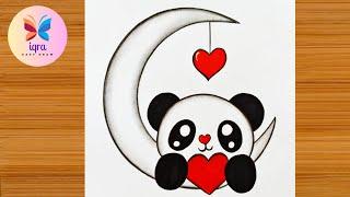 Cute Panda Drawing Easy  How to Draw A Cute Panda With Moon Step-by-Step  Pencil Sketch Drawing