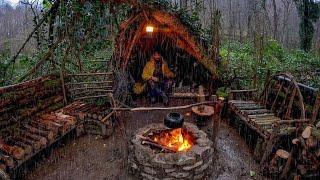 7 Days SOLO SURVIVAL CAMPING In RAIN THUNDER - Building Warm BUSHCRAFT SHELTER - Lamb Cooking