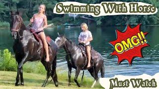  2 Teen Girls Swimming with Horse Across the Lake #horse #riding #lake #teen