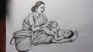 How to Draw Indian Mother bathing her babyMother and Child Pencil Sketch for Beginners Step by Step