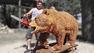 REAL SIZE WOODEN BEAR  amazing chainsaw wood carving