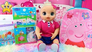 RUTINA de MAÑANA BABY ALIVE Desayuno Mochila Lonchera y Material Escolar de PEPPA PIG 