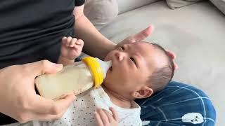 Hungry baby milk feeding D+45
