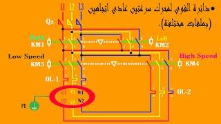 عكس حركة لدائرة القوى والتحكم لمحرك سرعتين عادي بملفات مختلفة