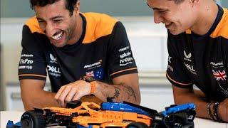 Lando Norris and Daniel Ricciardo unveiling the new McLaren F1 Lego