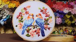 Detail the entire process of hand embroidery Design Kit232 Pair of birds and Blooming flowers