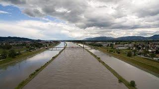 Aerial view high water Rhein WidnauDiepoldsau SG Switzerland