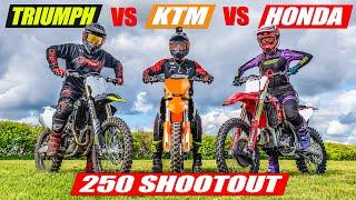 Triumph TF 250-X vs KTM 250 SX-F vs Honda CRF250R  DIRT BIKE SHOOTOUT