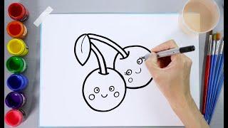 How to draw cute Cherry - Cherry Coloring page for kids - Watercolor Lemon