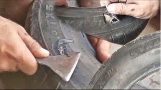 Amazing Technique of Repairing car tupless tire sidewall  repair auto tyre sid cut