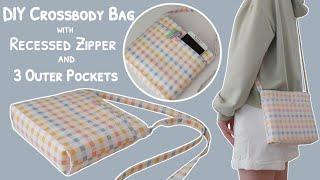 How to sew a crossbody bag with recessed zipper and 3 outer pockets  diy crossbody bag  sling bag