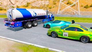 Double Flatbed Trailer Truck vs Speedbumps - Cars vs Slide Colors - Big & Small Bus Mcqueen vs Train