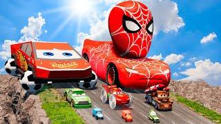 Big & Small Lightning Mcqueen Tesla Cybertruck vs Lightning Mcqueen Spider-Man  BeamNG.Drive