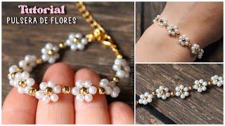  PULSERA DE FLORES con PERLAS mostacillas o chaquiras TUTORIAL