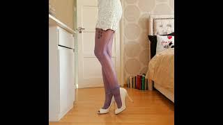 Soni Panda Blue Shiny Pantyhose Try On With White High Heel