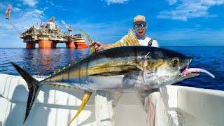 Monster Yellowfin Tuna Under Massive Oil Rig Catch Clean & Cook NLBN Lure Tuna Fishing