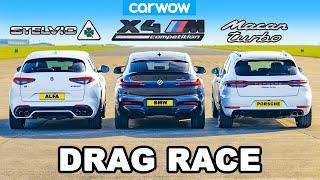 BMW X4M v Porsche Macan Turbo v Alfa Stelvio QV DRAG RACE