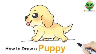 儿童简笔画小狗 How to Draw a Cute Golden Puppy Easy-step by stepEasy Drawings for kids【西瓜宝宝学画画学英语】儿童绘画教程