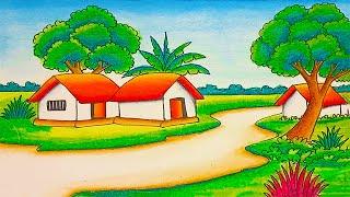 How to draw easy scenery drawing with oil pastel landscape village scenery  village house drawing