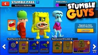 *NEW* SPONGEBOB STUMBLE PASS ️ - SKINS EMOTES & MORE  Stumble Guys