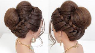 Braided high bun.Wedding Hairstyles For Long And Medium Hair. Elegant Bridal Updos.