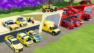 TRANSPORTING CARS FIRE TRUCK POLICE CARS AMBULANCE OF COLORS WITH TRUCKS - FARMING SIMULATOR 22