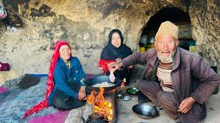 Old lovers Moving out of their Cave Village life traditonal Cooking with funny Grandpa