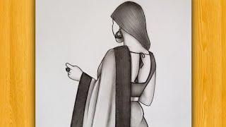How to draw Girl backside in Saree  Pencil sketch for beginner  drawing tutorial