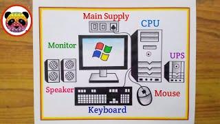 How to Draw Desktop Computer Step By Step Very Easy Method  Computer Parts Drawing  Computer Draw