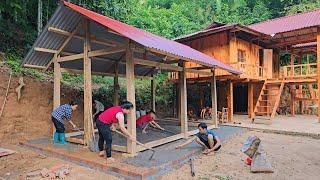 Build wooden kitchen design floor ask sister and neighbor to help pour concrete floor