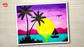 How to Draw Scenery Drawing with Oil Pastels  How to Draw Sunset Drawing with Oil Pastels