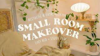 aesthetic and extremely  small room makeover  • a 4sqm bedroom with loft bed + desk decor