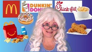 McDonalds Dunkin Donuts Chik-Fil-A  What Granny Eats in a Day  Granny McDonalds Happy Meal