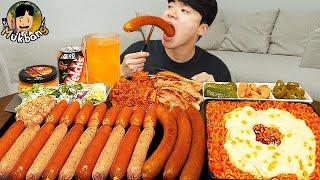 ASMR MUKBANG 직접 만든 대왕 소세지 불닭볶음면 핫도그 쉬림프링 먹방 & 레시피 FIRE NOODLES AND SAUSAGE EATING SOUND