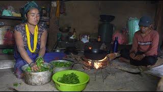 Mum cooks delicious green food recipe in village