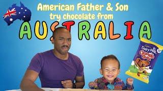 American Father and Son trying AUSTRALIAN Chocolate for the FIRST TIME Aussie food candy & snacks
