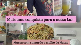 Muitas compras por 115€  Já temos ar condicionado  Massa com camarão e molho de Natas