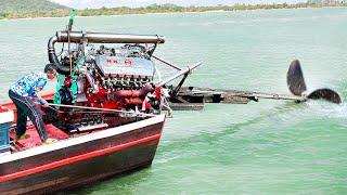 Starting Dangerous Massive V8 Diesel Truck Engine on a Tiny Boat