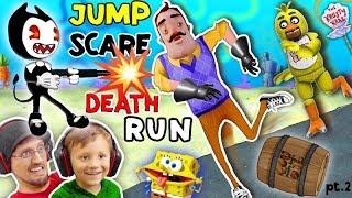 HELLO NEIGHBOR SPONGEBOB DEATHRUN vs. BENDY & THE INK MACHINE Krusty Krab FNAF Jump Scares 4 FGTEEV