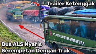 Trailer Habis Nafas Bus ALS Nyaris Serempetan Dengan Truk