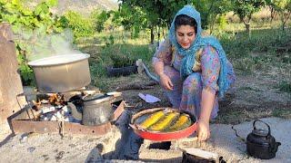 Cooking salmon liver and lambs heart in Iranian village style