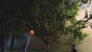 Emergency crews battle fire at an apartment building in Mount Prospect