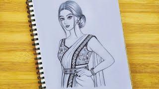How to draw a girl with Sari ll Traditional Girl Drawing ll Girl drawing