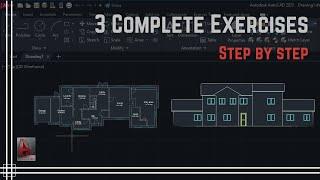 Autocad - Floor plan + Elevation. Step by Step 3 complete Exercises
