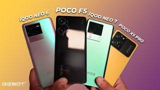 Poco F5 vs iQOO Neo 7 vs iQOO Neo 6 vs Poco X5 Pro Battery Drain & Performance Test