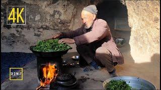Old Lovers are cooking delicious spinach in a cave    Afghanistan village life Documentary 4K